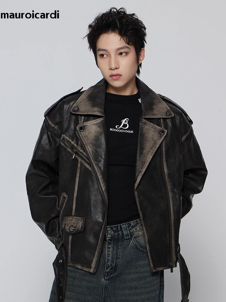 Mauroicardi Spring Cool Handsome Vintage Distressed Black Pu Leather Biker jacket Men Belt Zipper Loose Unisex Clothes 260624