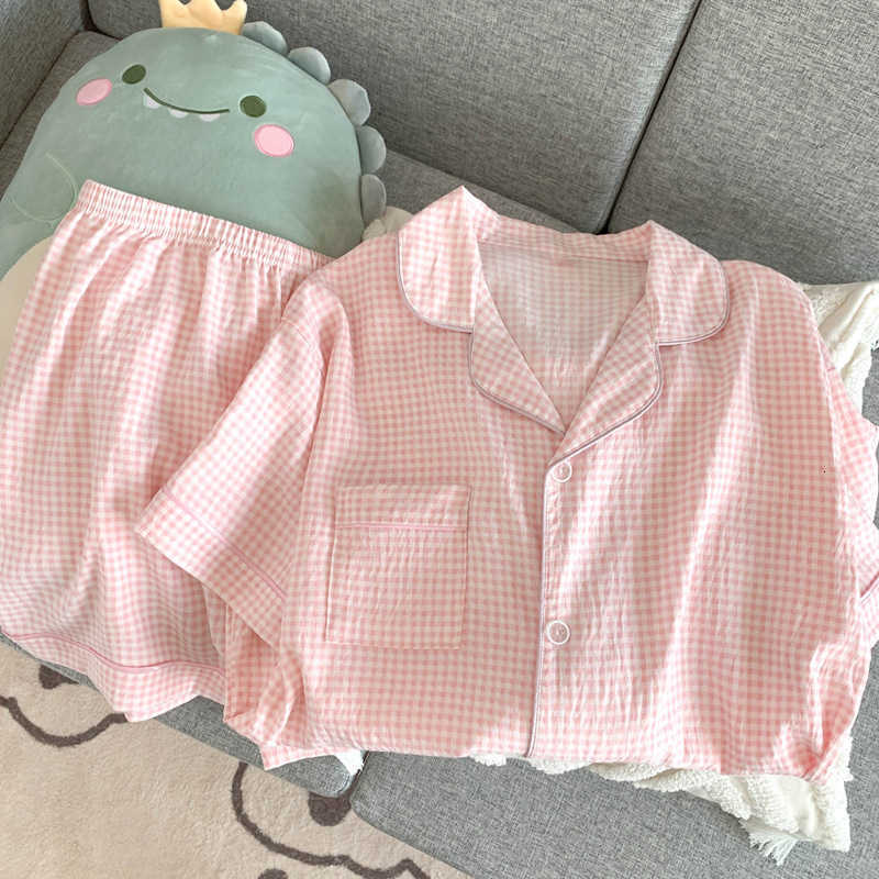 Thin Womens Summer New Short-Sleeve Pajamas Comfortable and Breathable Shorts Pajamas Sweet Style Pink Plaid Homewear Set M260625