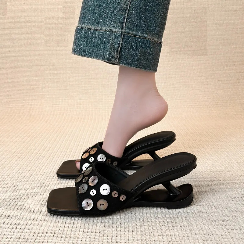 Fashion Square Toe Sequin Flower Open Toe High Heel Soft Leather Slip Slippers for Women Summer 260625
