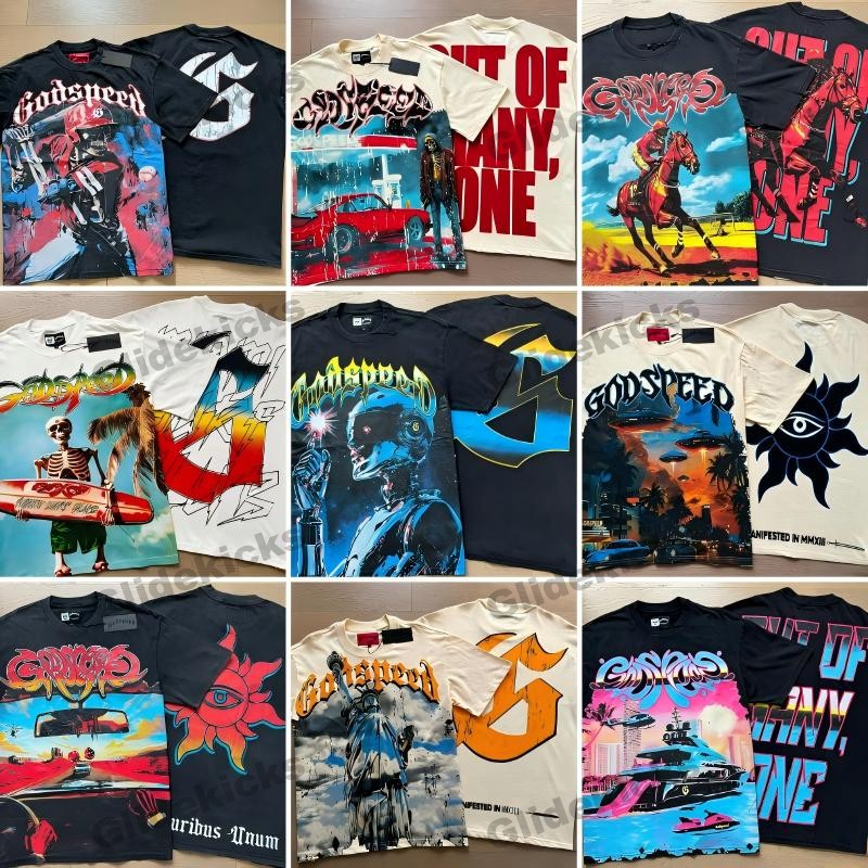 Designer T Shirts For Men Women Godesspeedes Double Side Printing Graphic Shirt Summer High Street Short Sleeve Tees Round Neck Streetwear Tops Cott
