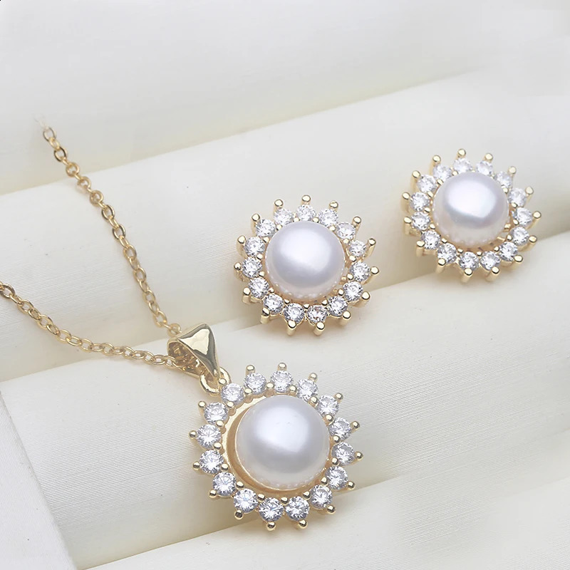 Natural Freshwater necklace and earring set womanBridal Cute 925 silver Pearl Set Wife Mother Birthday Gift White Black 260625