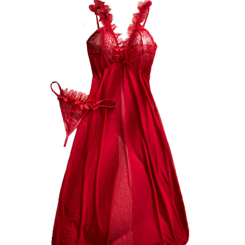 Nightgown Sexy Perspective Womens Red Mesh Long Dress SleepDress Underwear Set Petal Strap Deep V Pajama Dress Clothing D260625