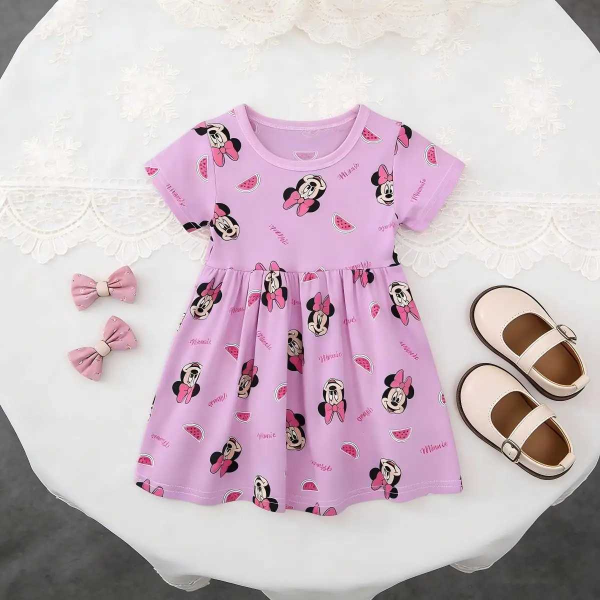 Summer Girl Short-sleeved Dress Cute Minnie Princess Style Casual Sundress for 2-6 years Kids Baby Version Y260625E6R1
