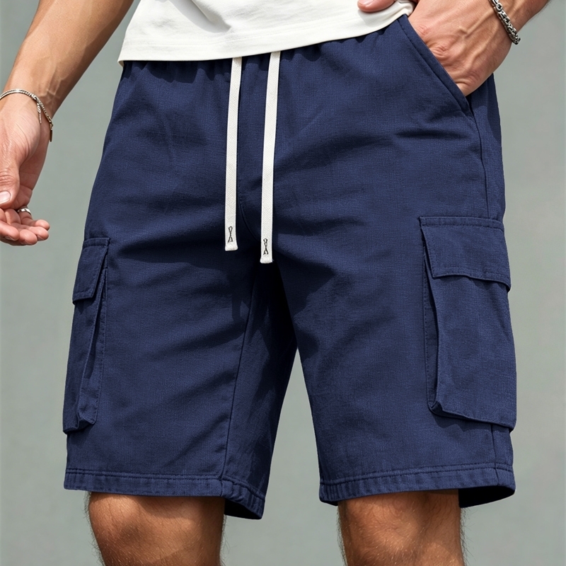 2026 Mens loose linen straightleg pants casual multipocket work shorts highend mens drawstring daily y260624