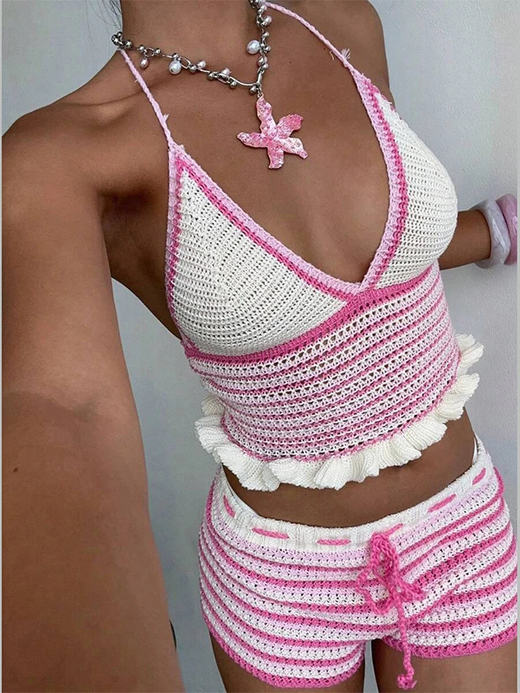 Sexy Knitted Beach Women Set Backless Deep V-neck Sleeveless Crop Top Shorts Suit Summer Holiday Stripe Lady Mini Pant Sets 260624