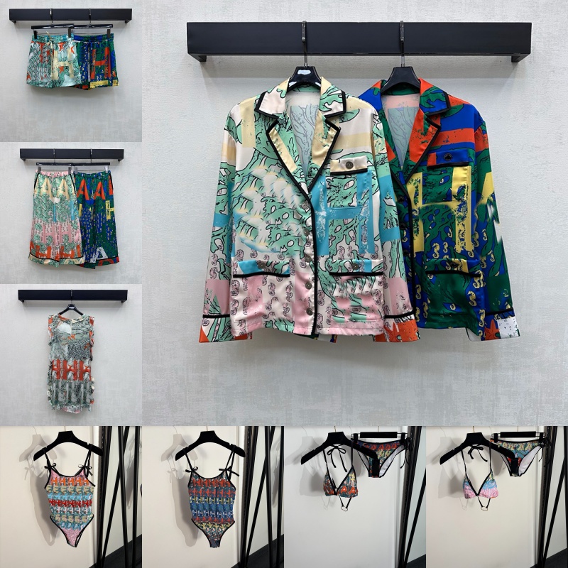 Women Brand Printed Blouse Casual Vacation Elegant Shirts Y2K Surfing Bodysuits Beach Loose Wide Leg Long Pants