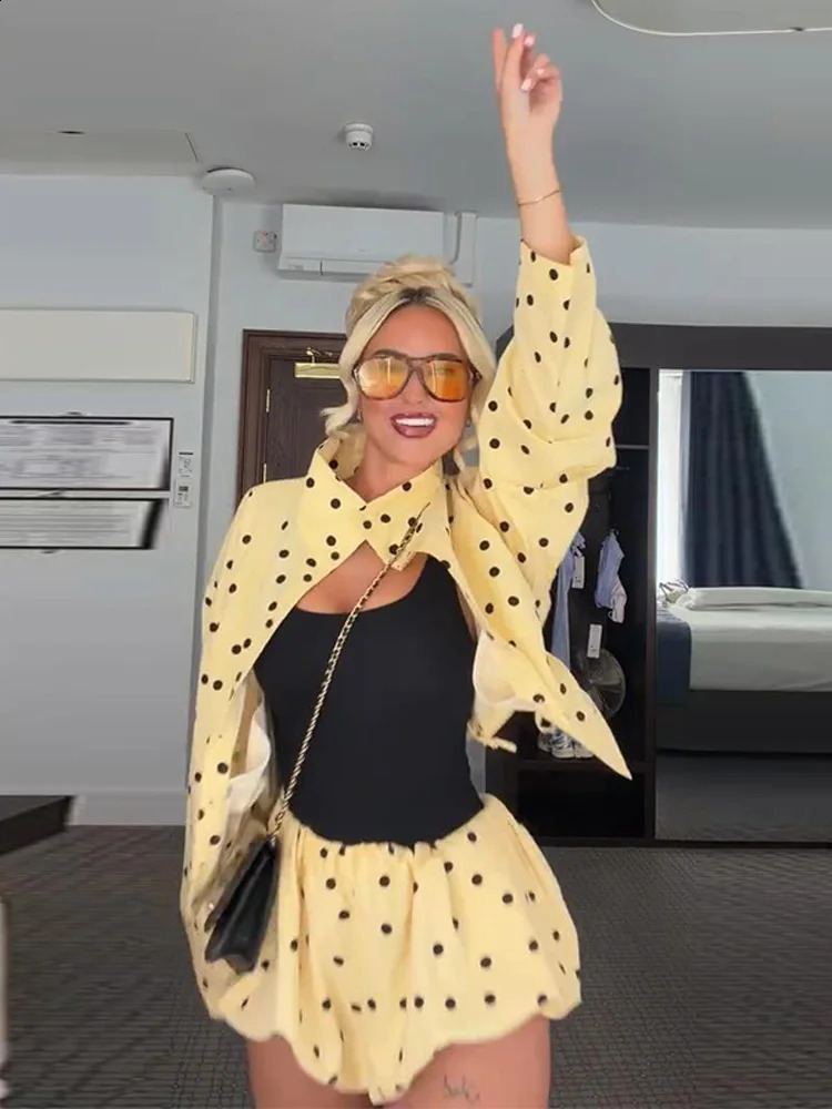 Elegant Polka Dot Womens 2 Piece Set High Neck Cutout Long Sleeve Jackets Mini Short Pants Female 2026 Summer Woman Outfits 260625