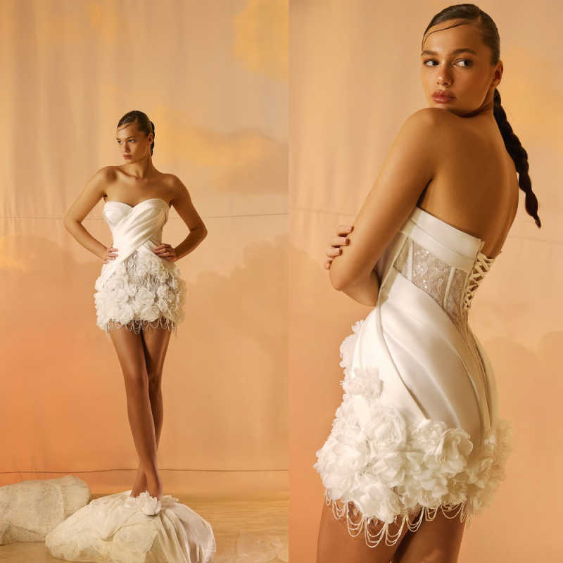 Romantic Strapless Mini Prom Dress 3D Flowers Lace Sequins Short Evening Gowns Formal Wear Customized Vestidos De Gala
