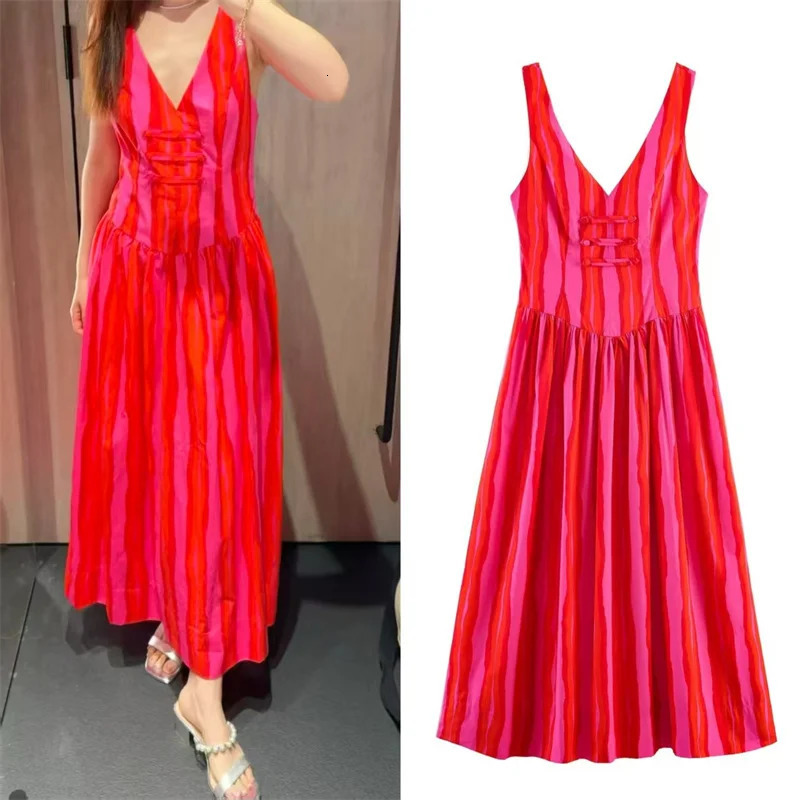 Summer Style Womens Dress Red Striped Sleeveless V-Neck Long Dress with Knot Decoration Beach Vacation Fashionable 260624