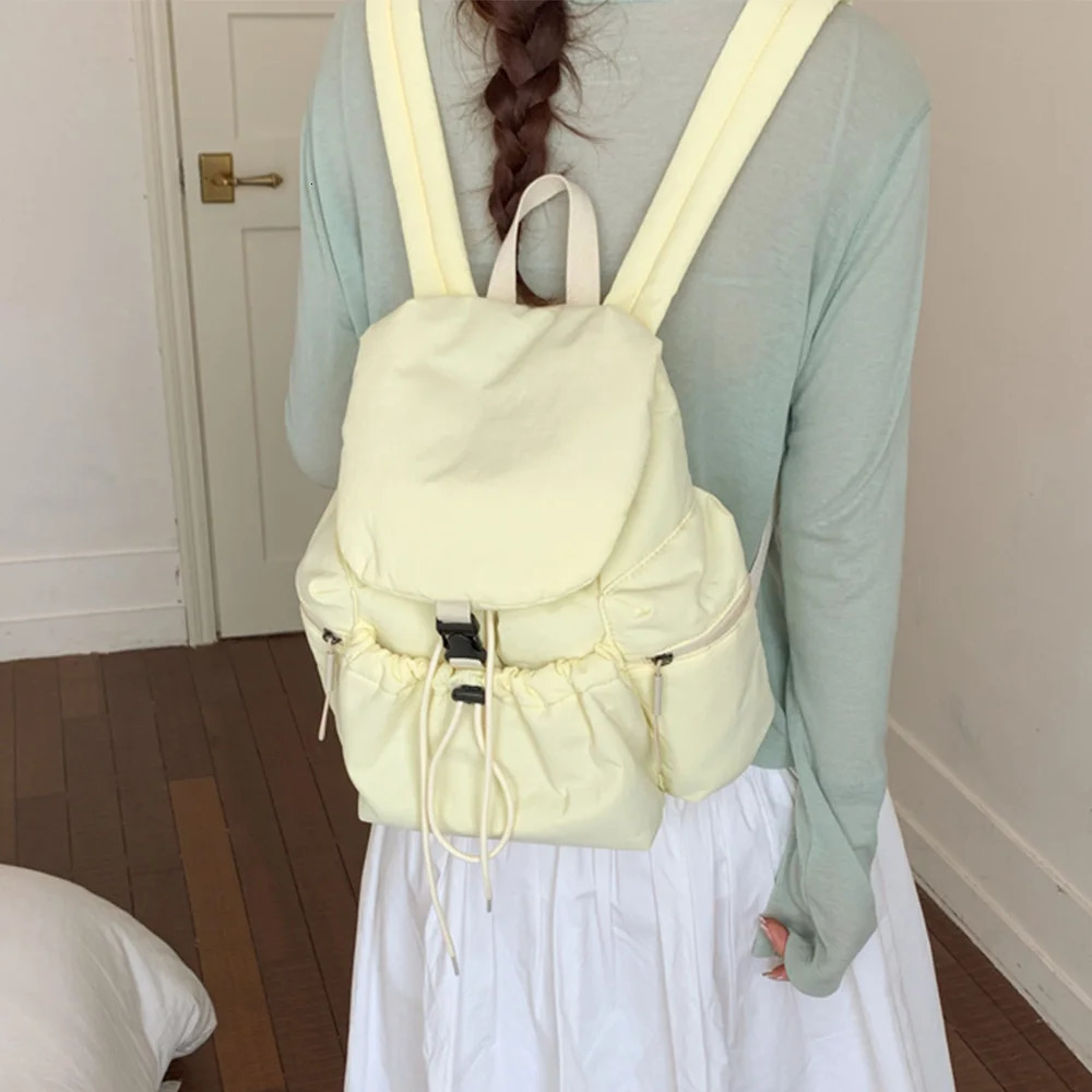 Korean Style Light Yellow Drawstring Backpack Casual Lightweight Nylon Bag for Women Perfect for Daily Use Commute and Travel 260624