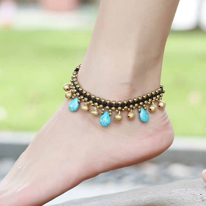 Simple Handwoven Turquoise Bell Pendant Anklet Ethnic Retro Shoe and Clothing Accessory Vintage Style