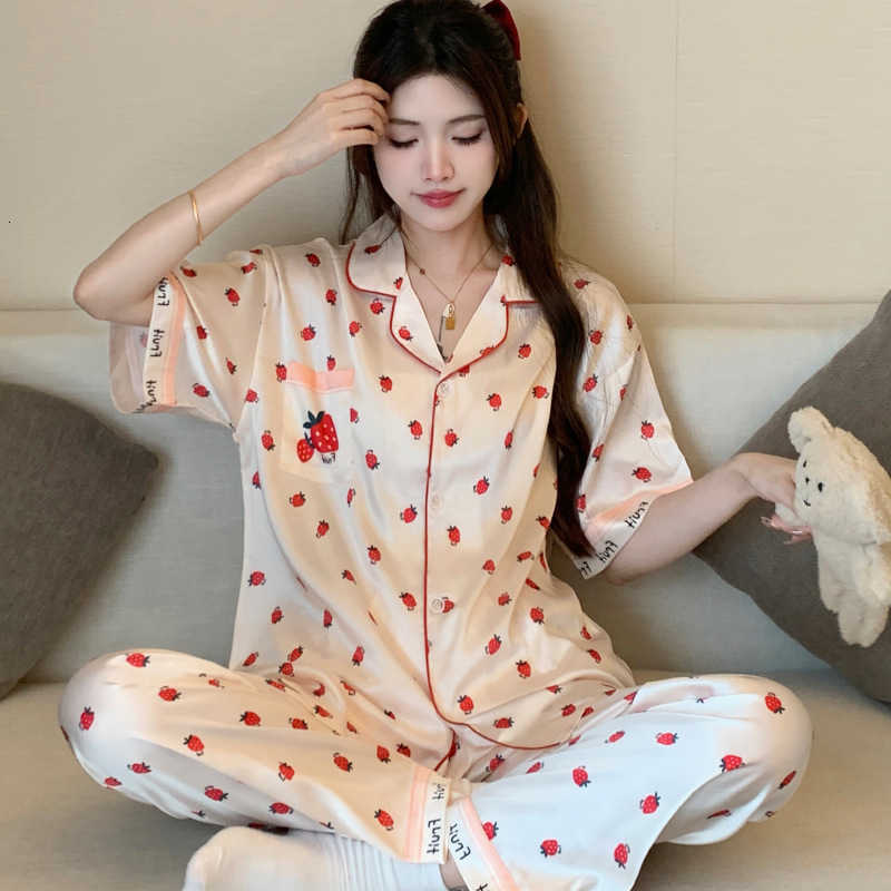 Womens Printed Summer Lightweight New Ice Silk Pajamas Short-Sleeve Long Pants with Collar in Instagram Style Homewear M260625