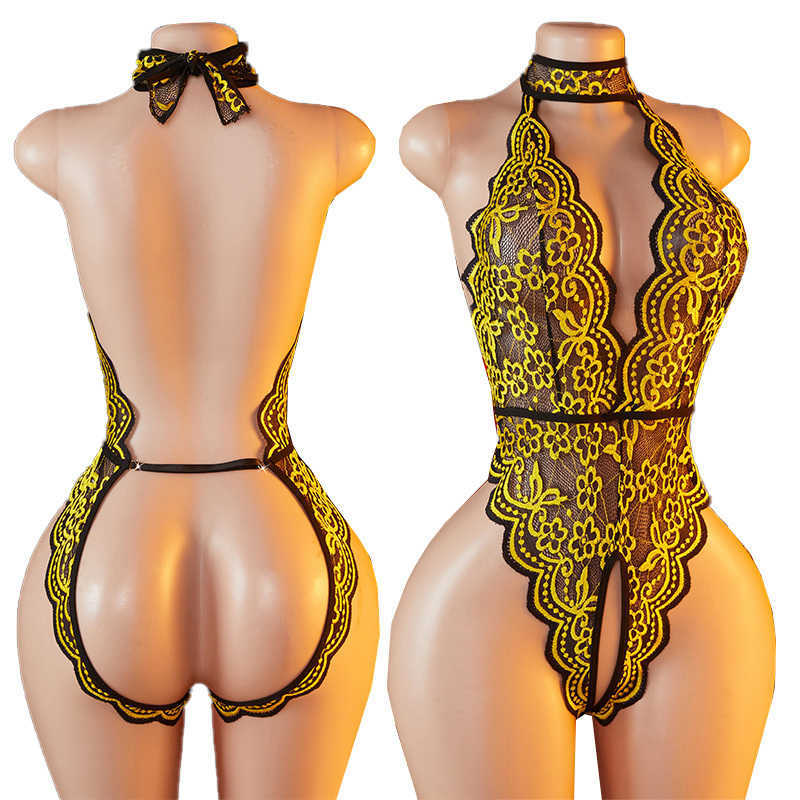 Yellow Transparent Lace Backless Sexy Womens Lingerie Open Crotch Deep V Bodysuit Teddy Dolls Crotchless Erotic Exotic Costumes D260625W5C8