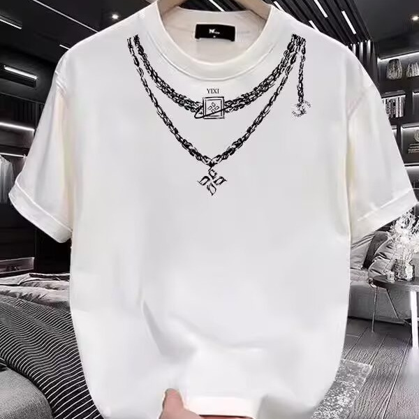 European And American High Street Style All-Cotton Vintage Trendy Short-Sleeve T-Shirt With Necklace Print, Loose Fit, Round Neck, Men's Inner