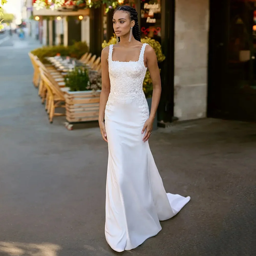 High Quality Mermaid Wedding Dress 2026 Square Neck Sleeveless Backless Lace Appliques Satin Church Bride Bridal Gown Vestidos De Novias