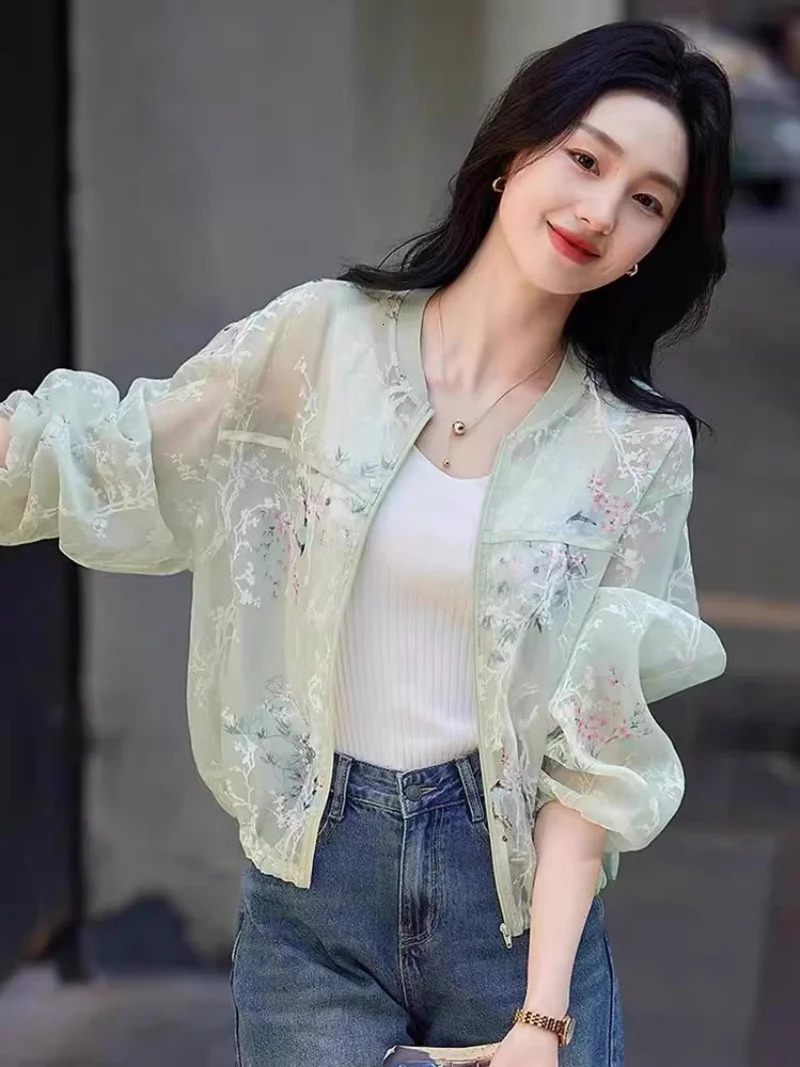 Ice Silk Printed Baseball Collar Sunscreen Jacket For Women Summer 2025 Loose Transparent Thin AirConditioned Shirt w100 260624