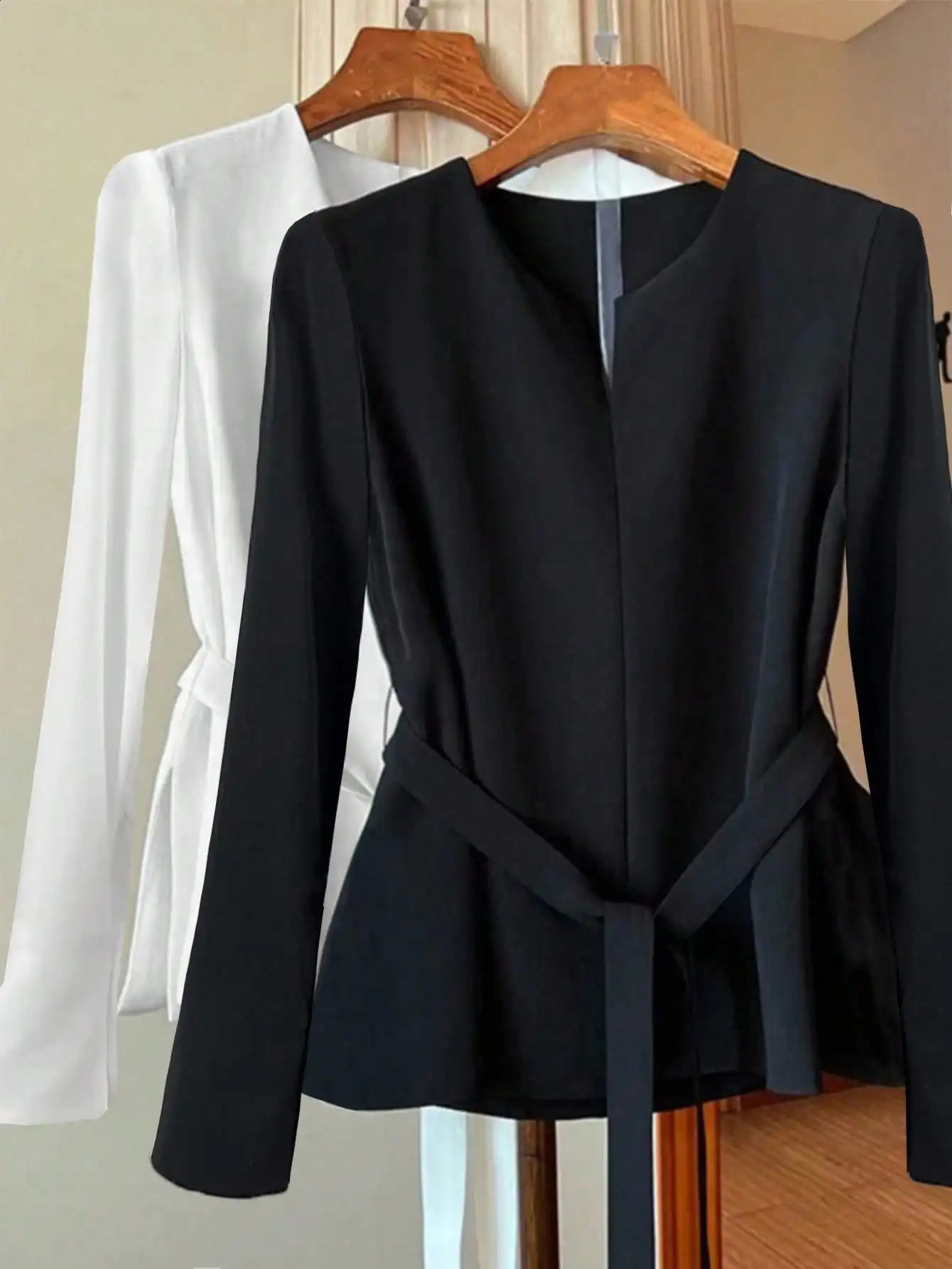 Minimalist Black Long Sleeve Blouse Collarless Tie Waist Split Hem Casual Daily Wear Top 260625