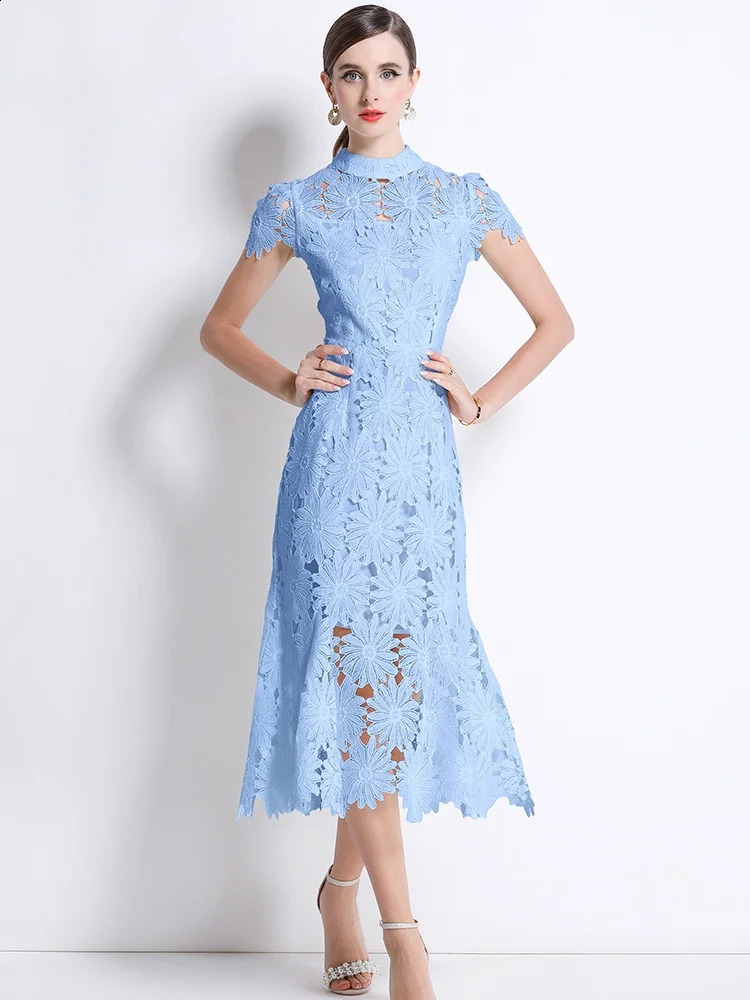 High-End Lace Hollow Out Slimming Summer Dresses For Women O-Neck Short Sleeve High Waist Elegant Dress Female Fashion 260624