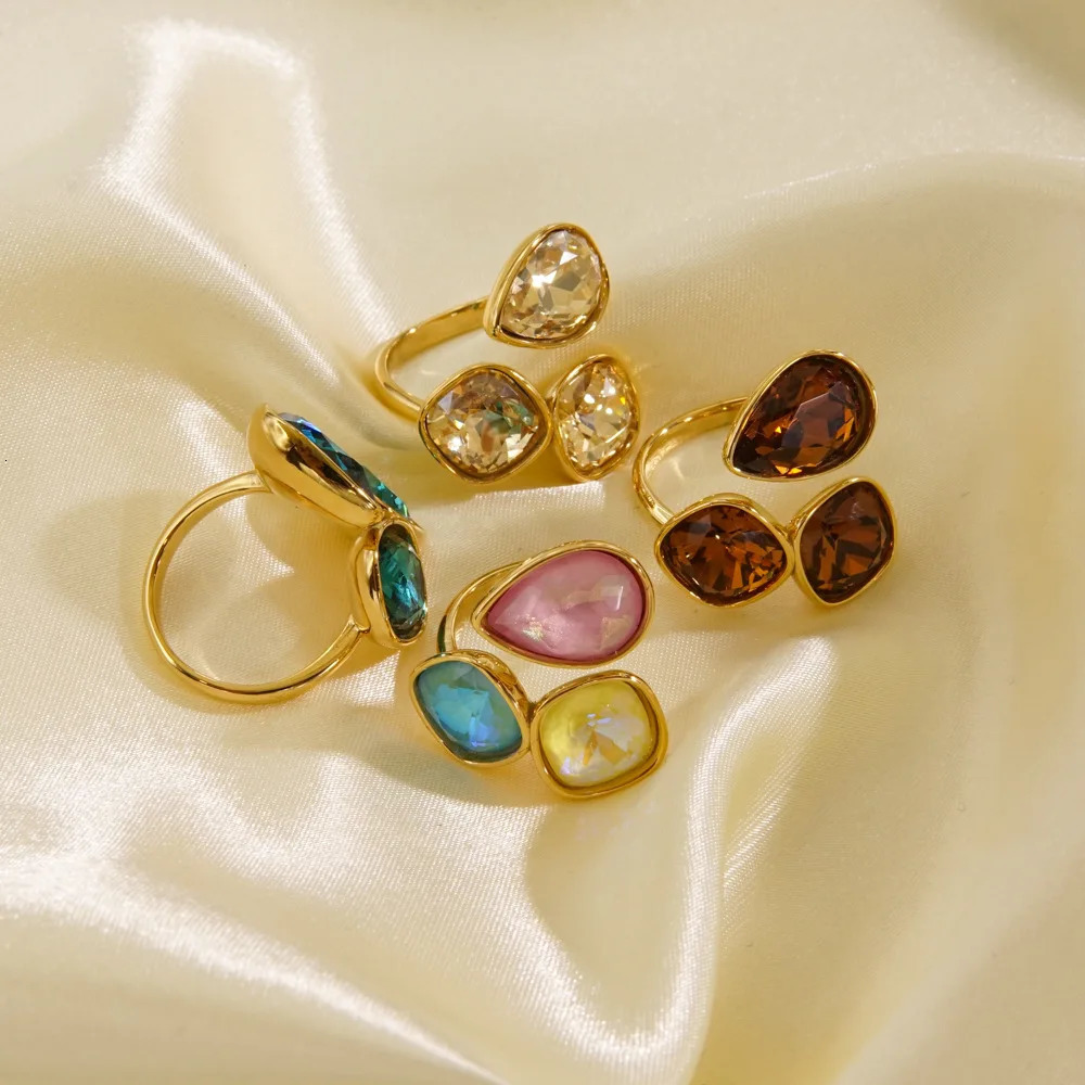 CARLIDANA Fashion Jewelry Open Rings 18K Gold Plated Stainless Steel Simple Multi-Color Crystal Ring For Women Jewelry 260623