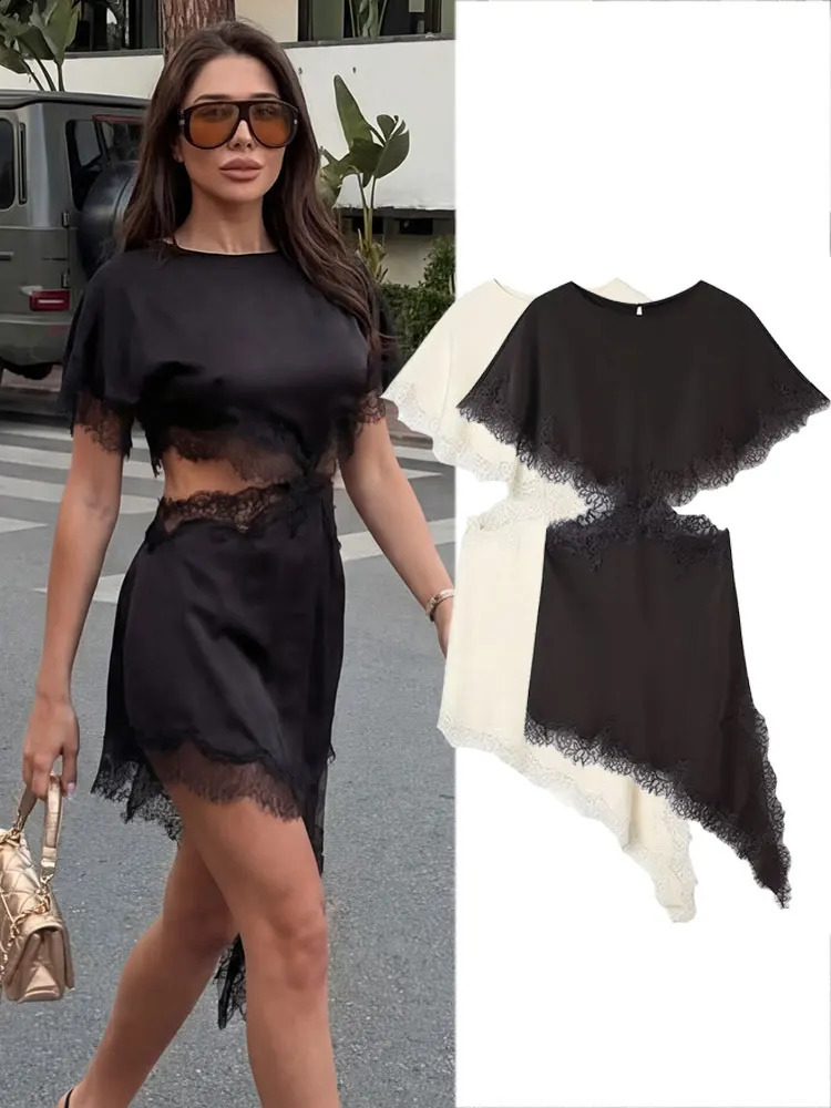 HH Women Elegant Solid Waist Hollow Out Dress Lace Trim Cutout Asymmetrical Midi Y2K Lady Sexy Club Party Dresses 260613banjia