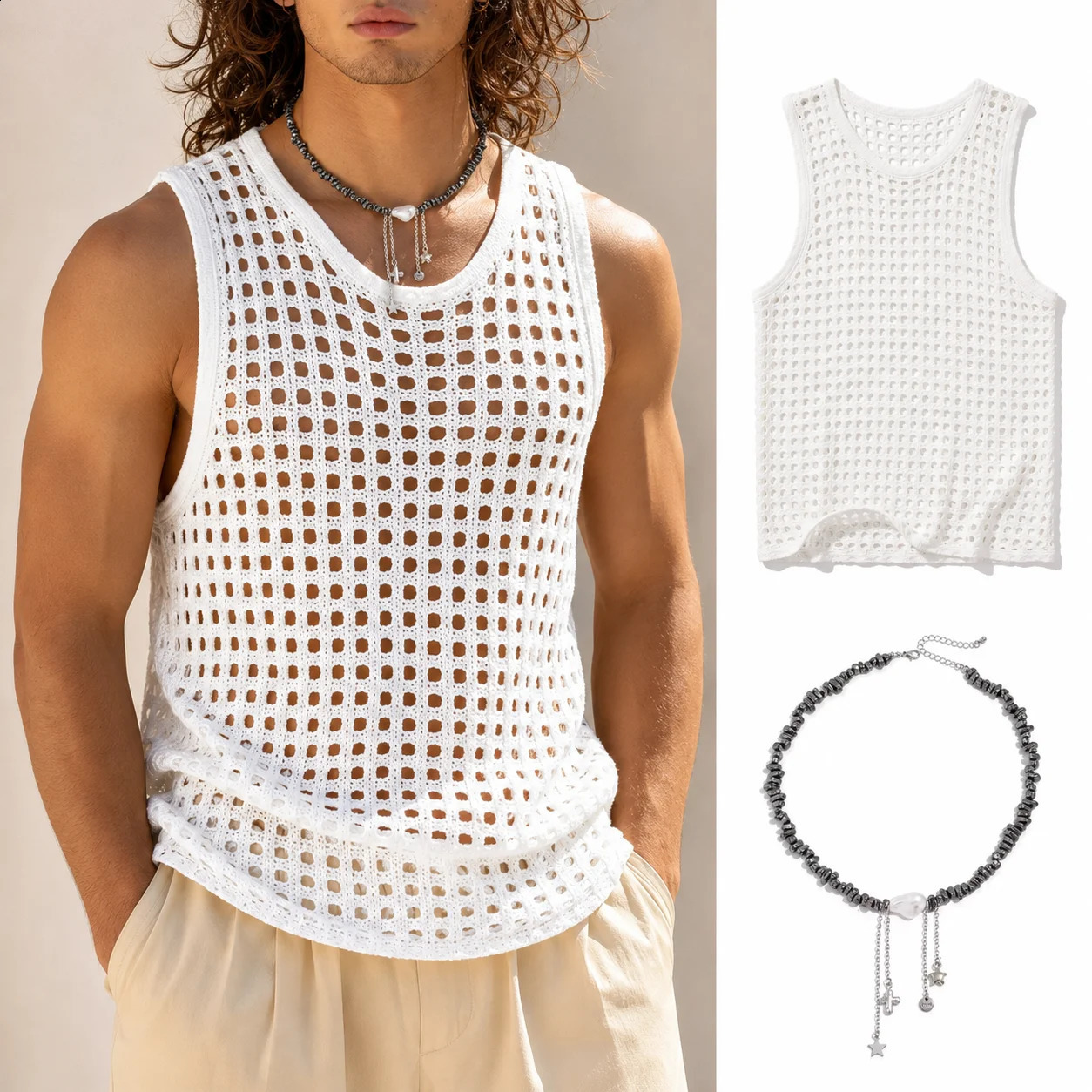 2026 Mens Crochet Top Hollow Out Mesh Knit Sleeveless Summer Beach Vacation Boho Style Breathable Muscle Fit 3XL 260625