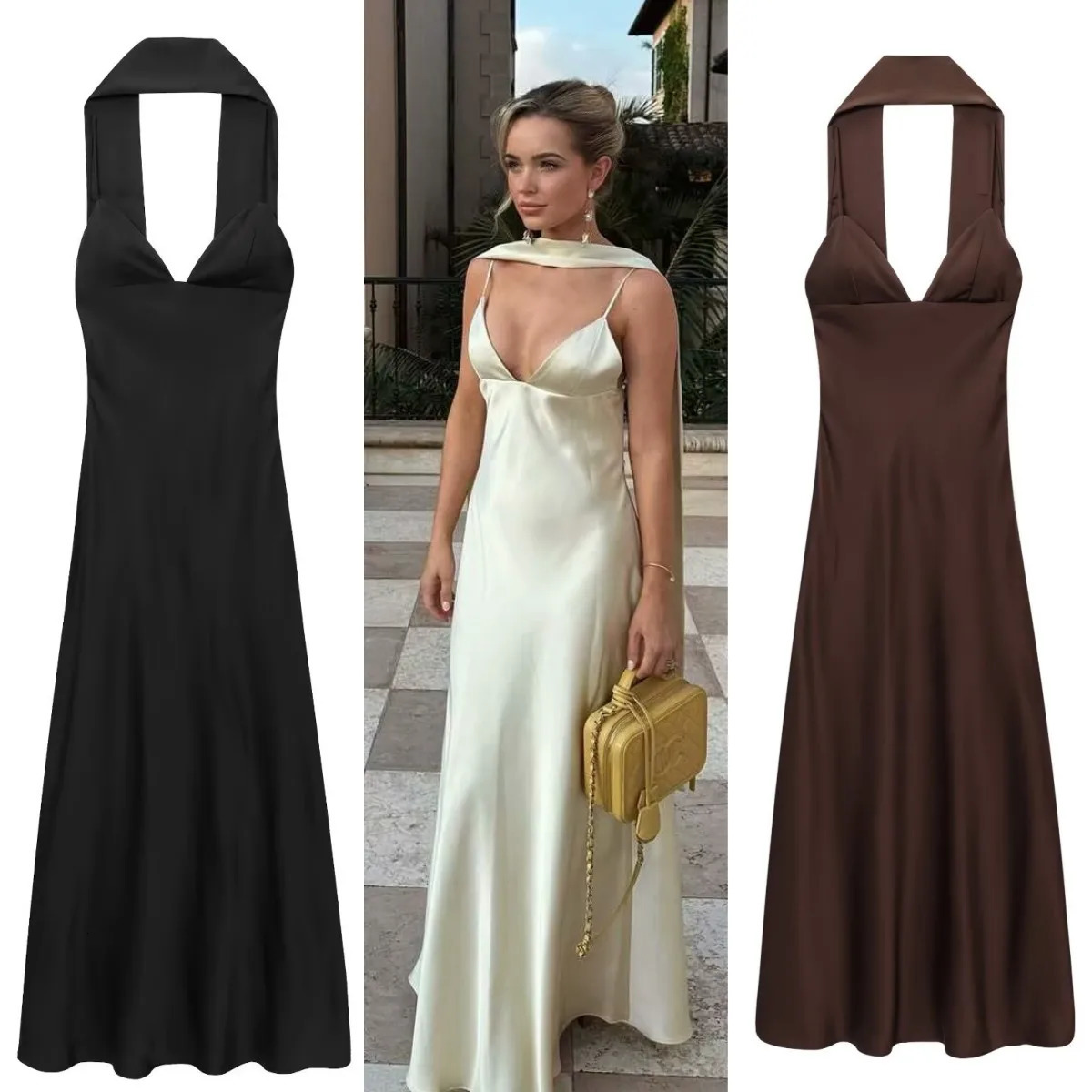 ETJ womens elegant sexy thin scarf decorative silk satin texture strap long dress for party dress 260624
