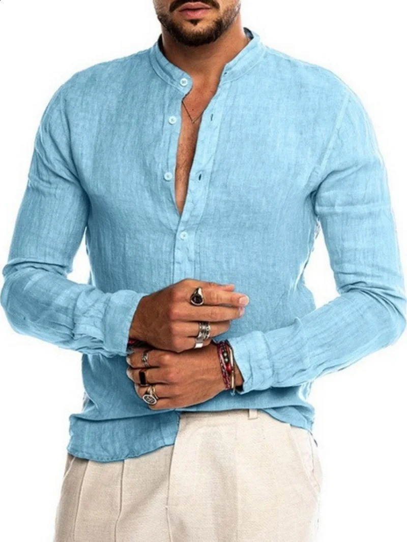 Mens Long Sleeve Linen Shirt with Mandarin Collar and Button Front for Casual Summer Wear 260617