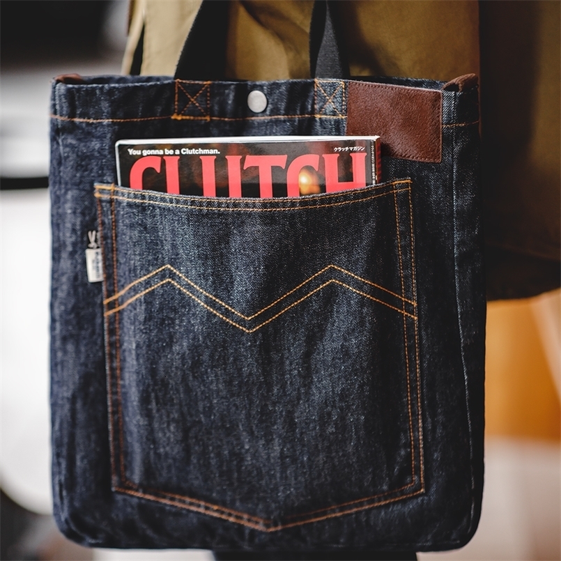 Maden Retro 14oz Denim Shoulder Crossbody Bag with Denim Embroidery Large Capacity Portable Flat Tote Bag for Mens Daily 260624