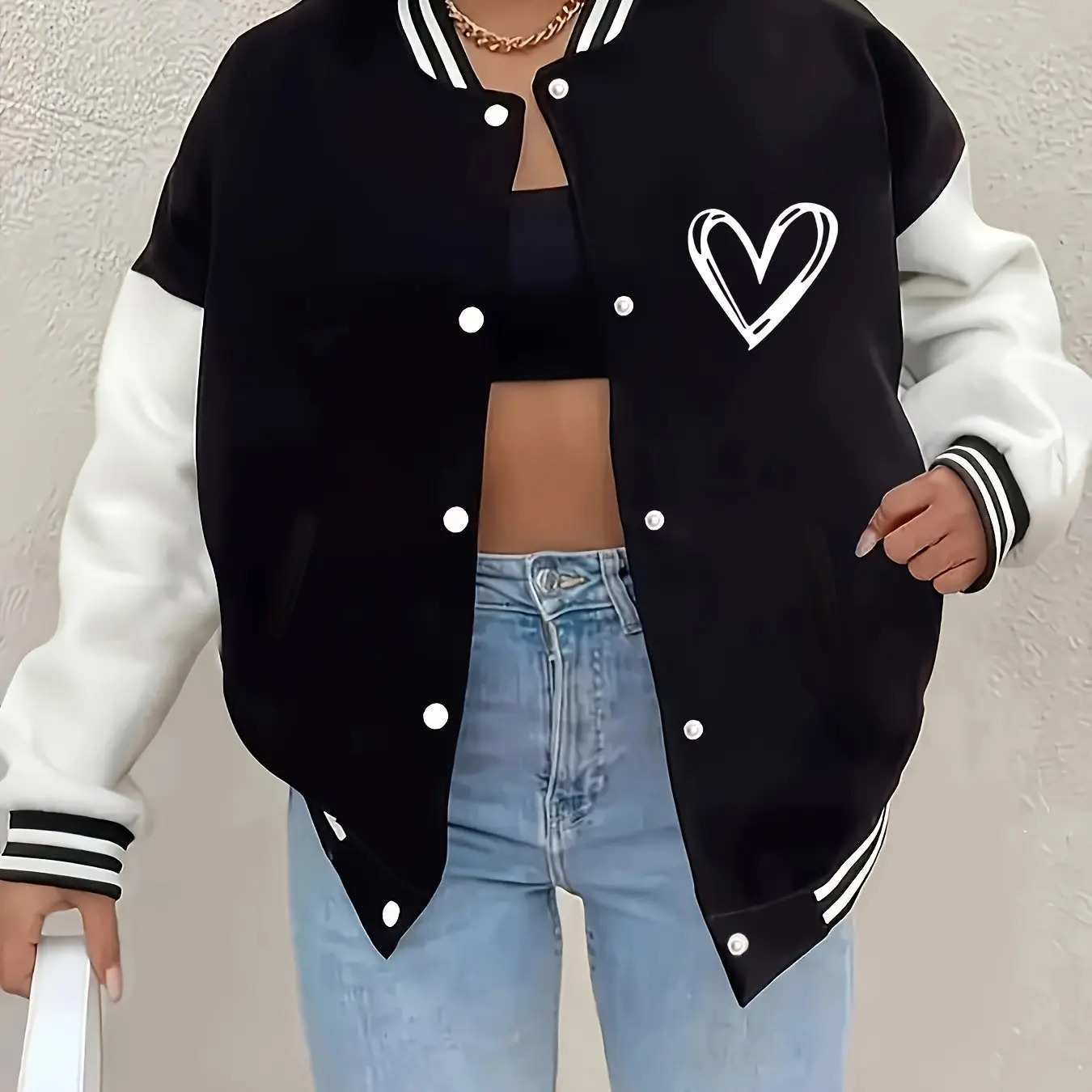 Fashionable Minimalist Love Printed Baseball Jacket for Women Trendy Casual Womens 260624