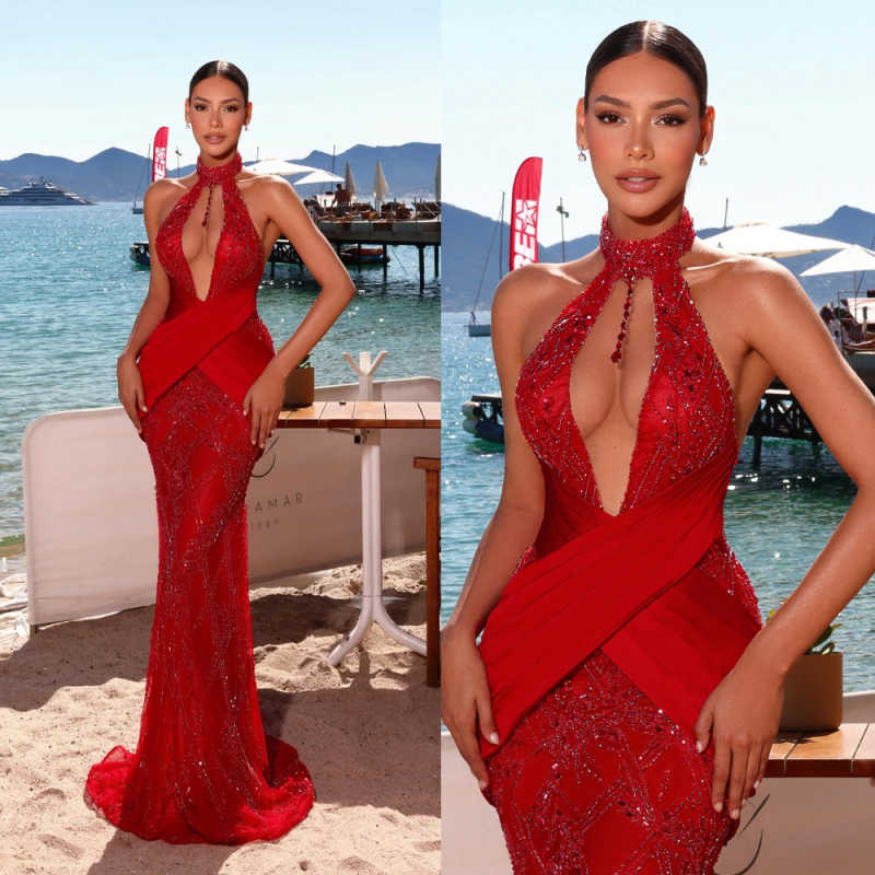 Sexy Mermaid Evening Dress High Collar Sleeveless Sequins Crystal Beading Bridal Gown Cocktail Party Dresses Customized Vestido De Novia