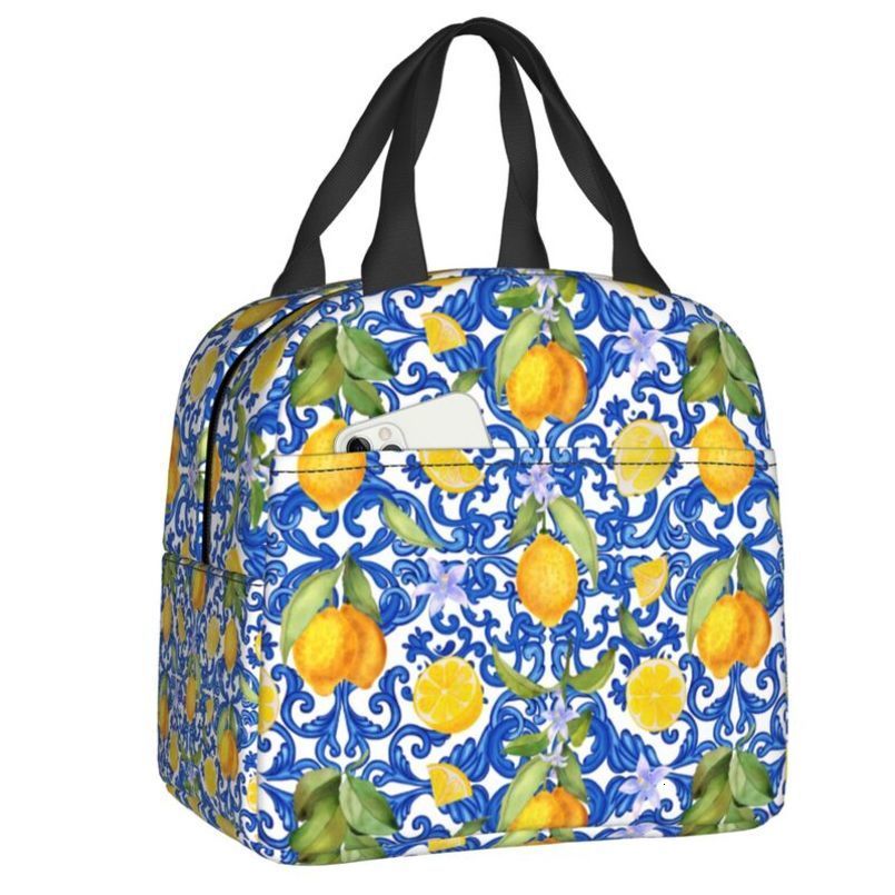 Custom Summer Fruit Lemon Mediterranean Tiles Lunch Bag Waterproof Cooler Thermal Insulated Box For Women Food Tote Bags 260624
