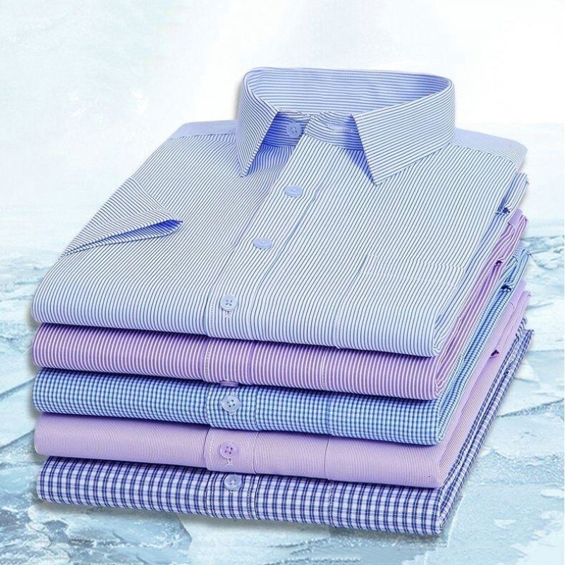 Premium ed Mens Short Sleeve Shirts Summer Business Classic Casual Striped Plaid Workwear Purple Blue 6XL Plus Large Size 260615CJ