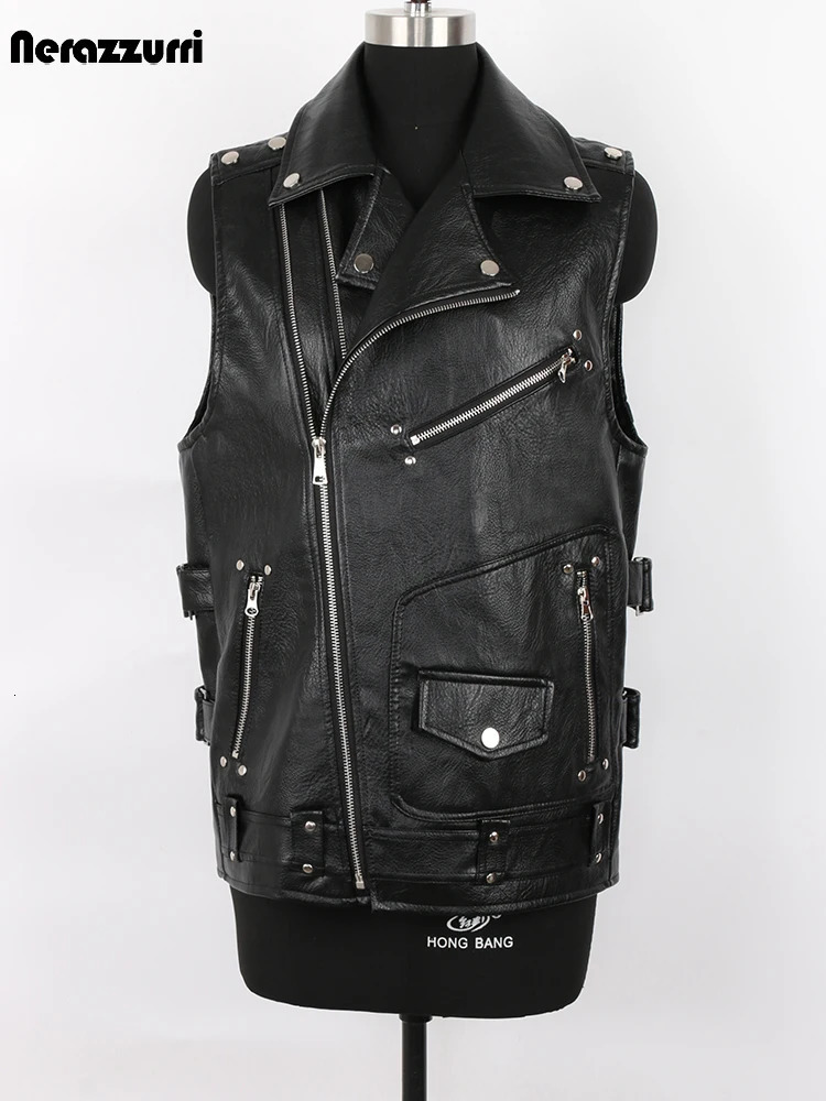 Mauroicardi Autumn Black Motorcycle Pu Leather Vest Men Zipper Pockets Plus Size Faux Leather Biker Sleeveless Jacket 4xl 5xl 260624