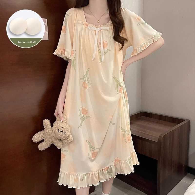 Vestito da notte imbottito in seta a costine nuovo ghiaccio per donna Estate volant manica corta in pizzo homewear camicia da notte sottile stile es