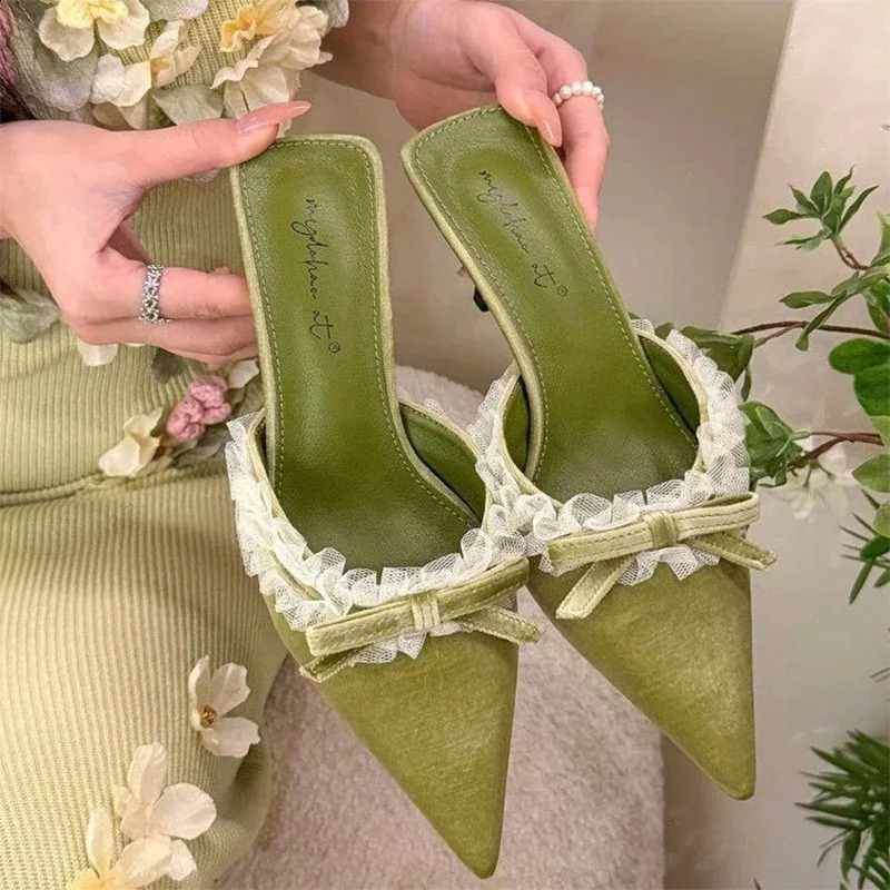 Bow Lace Women Sandals High Heels Slippers Pointed Toe Shoes Summer Elegant Pumps Fashion Slingback Shoes Dress Flip Flops 260625