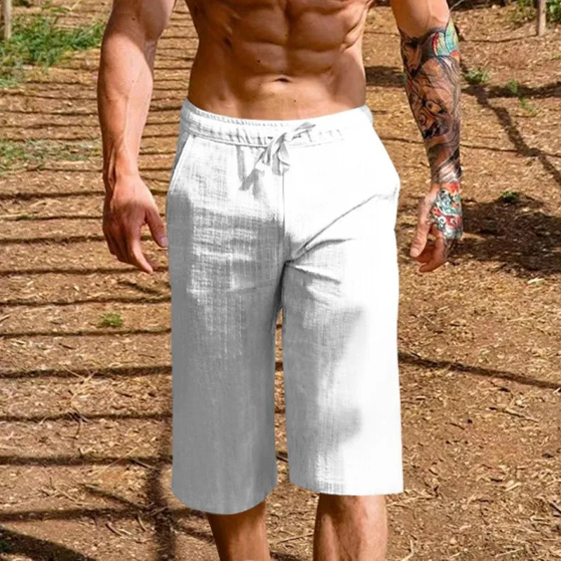Chinese Loose Mens Cotton Linen Pants Male Summer Breathable Solid Color Linen cropped pants Fitness Streetwear Plus Size 260624