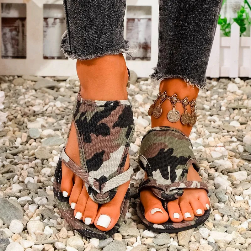 Womens Flat Sandals Summer Fabric Round Toe Plus Toe Cutout Breathable Soft Sole Non-Slip Flip Flops 260624