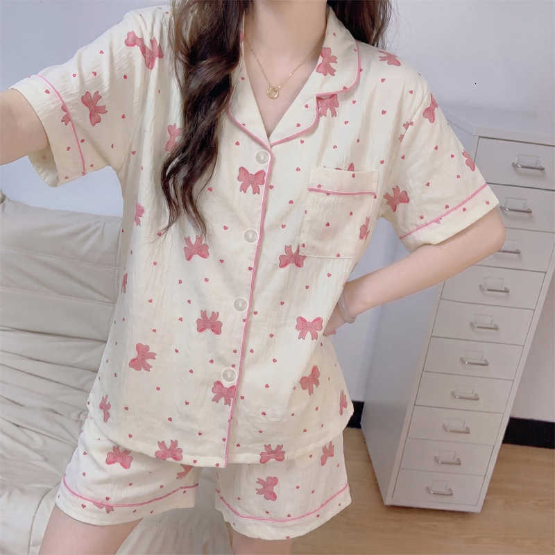 Set New Girl-Style Bow Pajama with Short Sleeves and Shorts Summer Thin Fashionable Loose and Breathable Casual Home Wear M260625