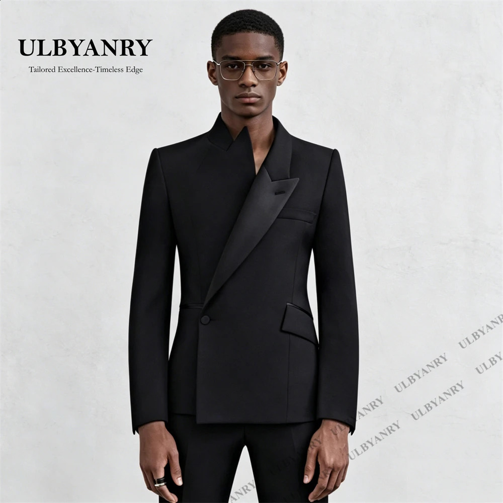 ULBYANRY Custom Mens Asymmetrical Lapel One - Button Black Slim Fit 2 - Piece Suit for Wedding Business Dinner XXS-7XL Tuxedo 260624BJ