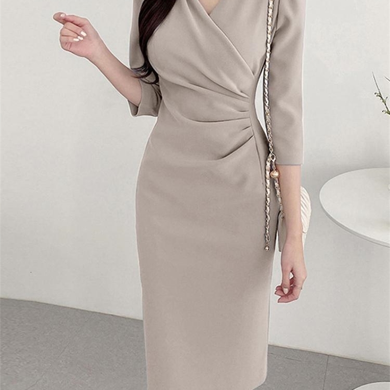 ZANZEA Womens Sexy VNeck Bodycon Party Dress Ruched Waist Knee Length 34 Sleeve Summer Elegant Office Work Robe Femme y260624