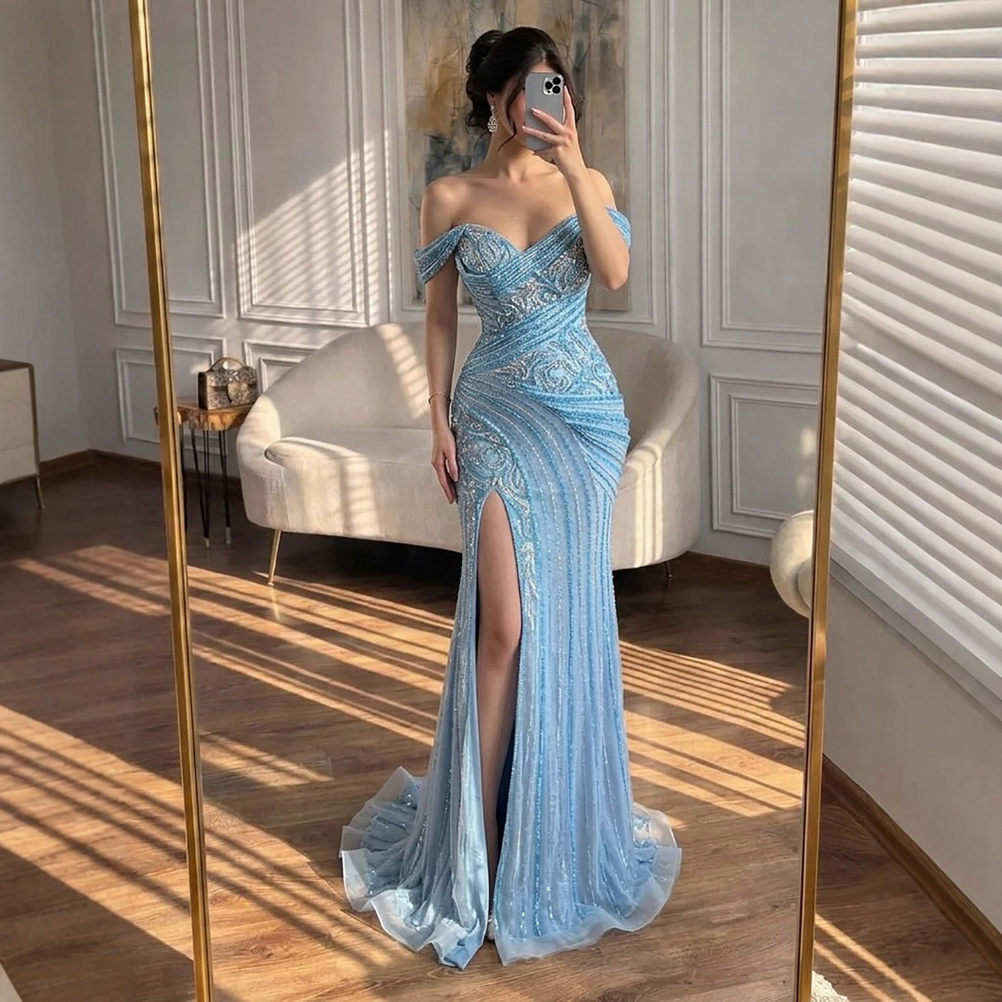 Luxury Beading Off Shoulder Mermaid Evening Dresses Gowns with Slit for Party Prom Dresses Gowns Custom Made Color/size Robe De Soiree