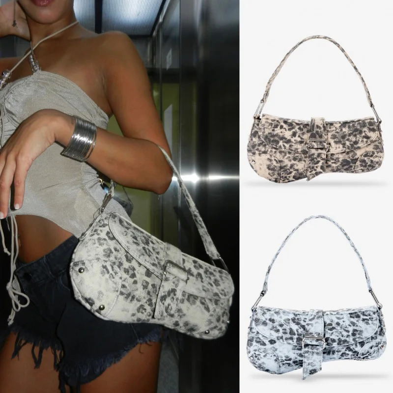 Distressed Canvas Leopard Stripe Shoulder BagY2k Girls Animal Print Women Underarm Tote BagVintage Asymmetric Saddle Chest Bag 260624