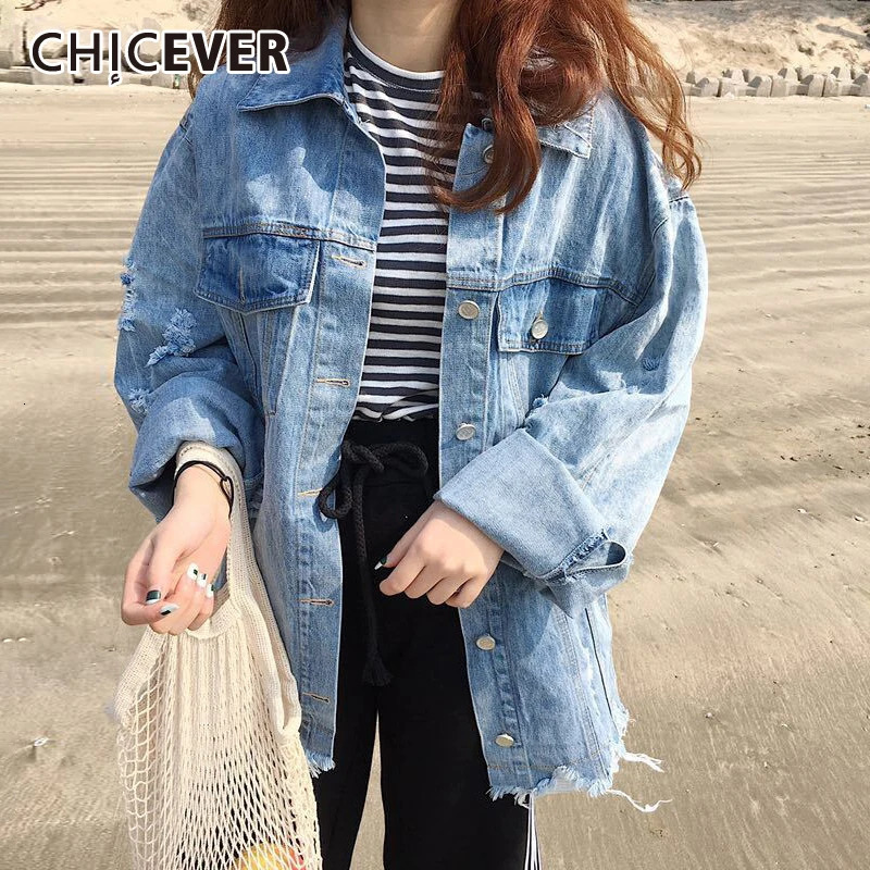 CHICEVER Denim Womens Jackets Lapel Batwing Long Sleeve Tassel Hem ner Hole Loose Big Size Oversized Coats Female 260623