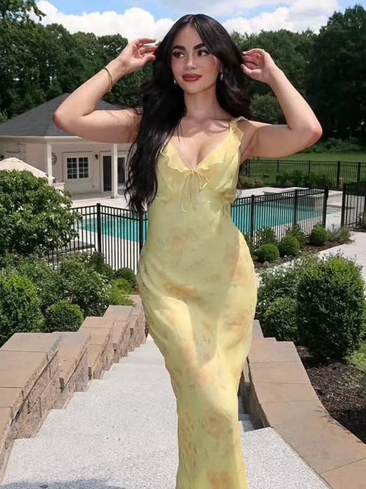 Sexy Deep Vneck Ruffle Strap Slip Maxi Dress Delicate Elegant Solid Floral Flowy Dresses Summer Daily Casual Vestidos 260625