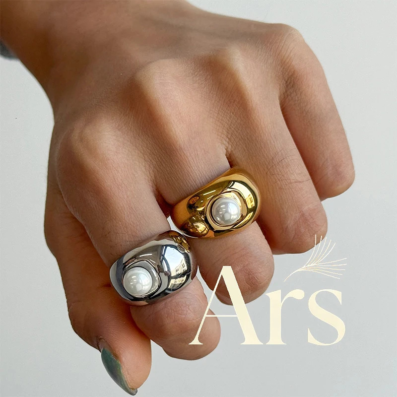 Ars Stainless Steel Chunky Rings Vintage Pearl Ring 18k Gold Plated Wide Band Ring for Women Hyperbole Finger Jewelry 260623