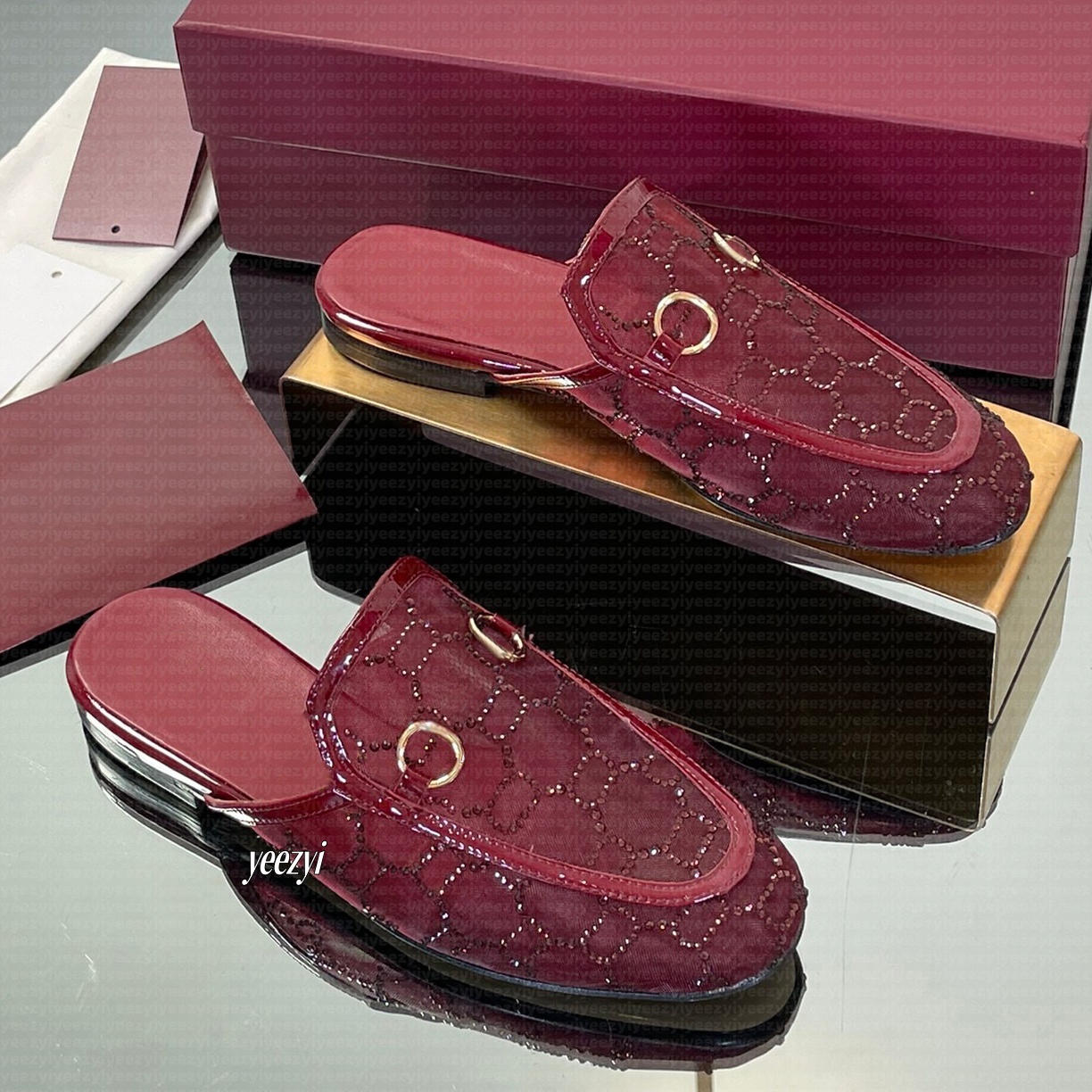 Designer loafers mules Slippers Women's Casual shoes New Transparent Mesh Breathable Water Diamond Half Slippers Genuine Leather Flat Fisherman