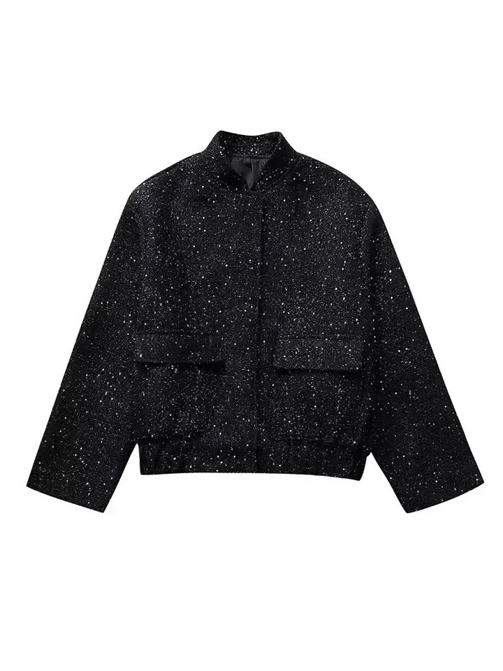 Women Shiny Sequin Jacket Y2k Gold Color Stand Collar Long Sleeve Short Coat Autumn Winter Ladies High Streetwear 260624