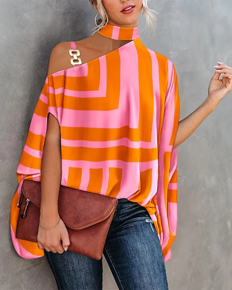Womens Asymmetrical One Shoulder Blouse with Batwing Sleeves and Abstract Floral Print for Summer Casual Wear 260624