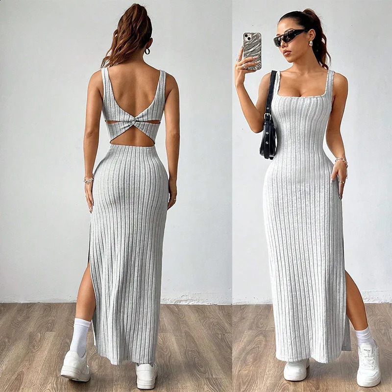 Elegant Slim Knitted Dresses Women Sexy Hollow Out Backless Bodycon Long Dress Streetwear Fashion Casual Solid Lady 260625