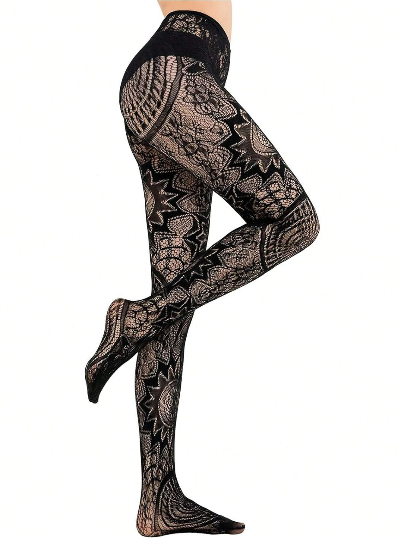 Black Sexy Girls Fishnet Stockings Lace Jacquard Hollow Gothic Punk Lolita Pantyhose Elasticity 260624
